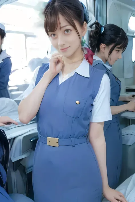 (masterpiece:1.2, Best Quality:1.2), 32K HDR, High resolution, (Alone、1 girl)、(On the roof of a building during the day、Professional Lighting)、Building rooftop background、(Real style wearing Japan air system cabincrew uniform blue)、((Japan Air System cabin...