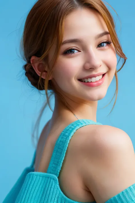 Hyper Real, masterpiece, Best Quality, Super detailed, Realistic, One girl, smile, Blue background