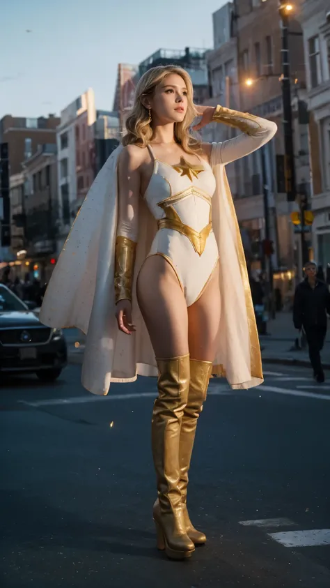 Starlight cara de la actriz Erin Moriarty de The Boys sobrevolando la ciudad, semidesnuda, small and spectacular sexy iconic white costume with cape, logo de estrella dorada en el traje, very sexy small clothes, ornate golden wristbands, botas blancas con ...