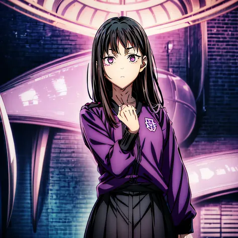 a female girl she has a black hair that long length, amethyst purple eyes, Has a ivory pale skin.Anime style jjk.Anime background. light purple atmosphere.Mappa style. aesthetics.places background.Gakuran-style uniform. cute poses style.Mappa style. noncha...