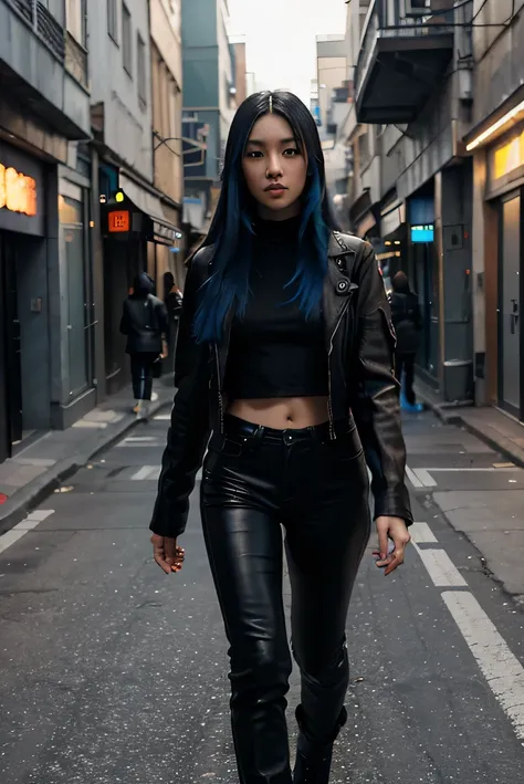 cyberpunk style, young Asian woman, long straight  black hair with blue highlights, black leather jacket and black jeans, brown eyes, laser rifle, olive skin, running down a futuristic street; full length portrait; photo-realistic