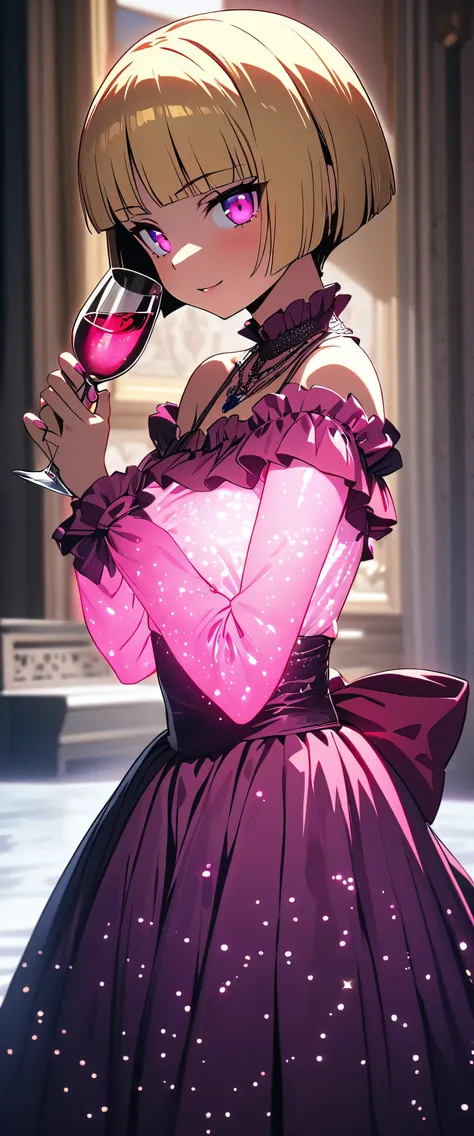 anime girl in a pink dress holding a wine glass