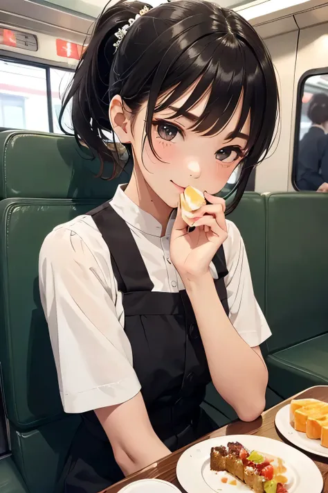 highest quality、High resolution、Detailed Background、(Beautiful face in every detail:1.4)、Teenage beauty、Highly detailed face、Cute hair colour、ponytail、Bobcut、Cute hairstyle、well-groomed eyebrows、Cute gestures、Inside the sleeper train、Train Travel、Innocent ...