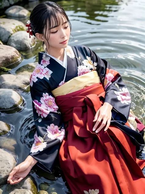 realistic, long-sleeved kimono, hakama, long hakama, floral kimono, wet clothes, soaking wet clothes, wet and shiny clothes, clo...