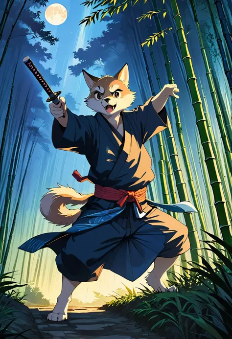 Top quality ultra-fine illustrations, movie posters, Zatoichi, Blind Swordsman, bamboo forest, dark night with beautiful full moon, rays of light through bamboo, backlighting, Tyndall phenomenon, Absurd perfect anatomy, Beastman, furry, pairs, boy with gir...