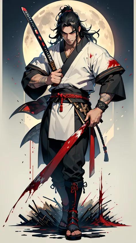 最high quality、Best image quality、masterpiece、male((samurai、Black Hair、thin、Show the whole body、blue eyes、Muscular,Japanese Sword、Fighting Pose、Slash、Blood splatter、)）high quality、Beautiful art、background((Japan、Blood splatter、night、moon)),Tabletop、Exquisit...