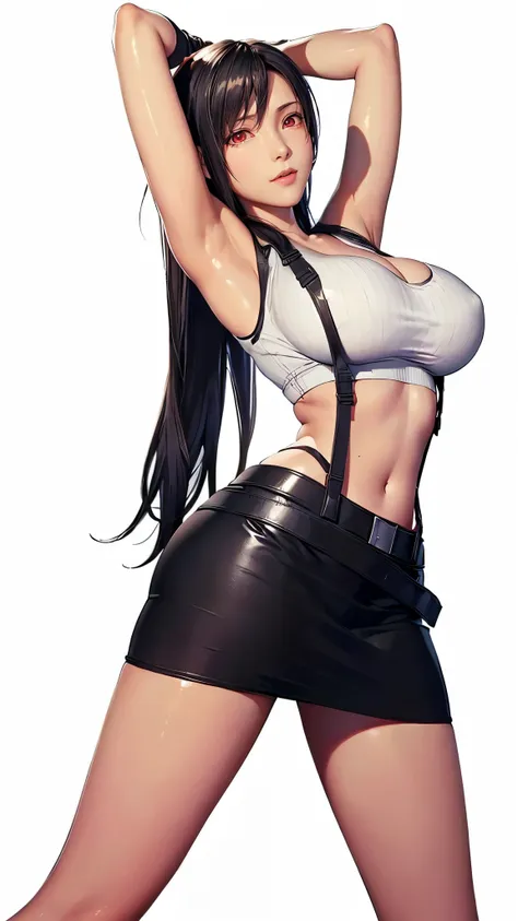 (（（figure，御姐figure,White and tender skin,（（（belt,  collarbone, crop top, elbow gloves, elbow pads, gloves, low-tied long hair, midriff, navel,  skirt, stomach, suspenders, Tank top, ）））,(（（Tifa lockhart，red eyes，black hair，long hair））),((masterpiece)),high...