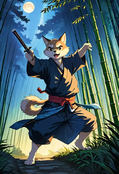 Top quality ultra-fine illustrations, movie posters, Zatoichi, Blind Swordsman, bamboo forest, dark night with beautiful full moon, rays of light through bamboo, backlighting, Tyndall phenomenon, Absurd perfect anatomy, Beastman, furry, pairs, boy with gir...