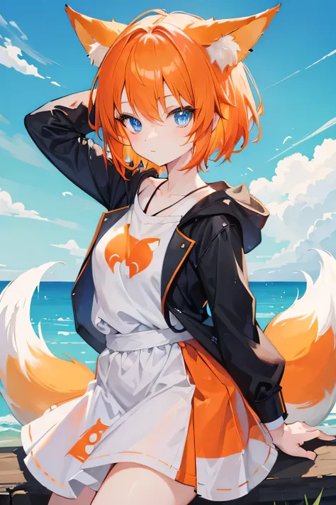 anime girl, orange hair, fox ears, blue eyes, short hair