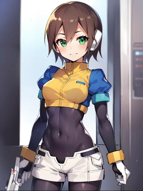 aile_megamanzx,  , 1girl, solo, short hair, brown hair, short sleeves, (bodysuit), robot ears, green eyes, short_shorts, short sleeves, short over long sleeves, smile, in futuristic city, , high quality, medium_breasts,crotch, slouch,handgun,