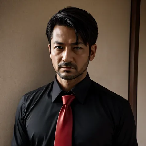 40 years old, male,、Black Shirt、Red Tie、　Menacing look、logic, Gay,Very short hair　,The Face of Japan,、　Stubble、　Upper body close-up、View from below