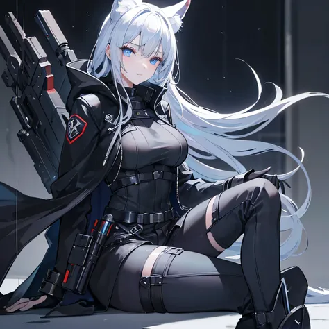 A woman with blue eyes, slit pupils, aloof expression, five gray fox tails, large fox ears, and gray flowing hair, in a black cloak, black flak vest, black armored jacket and black armored pants, ankle boots, ammo bandolier,(best quality,4k,8k,highres,mast...