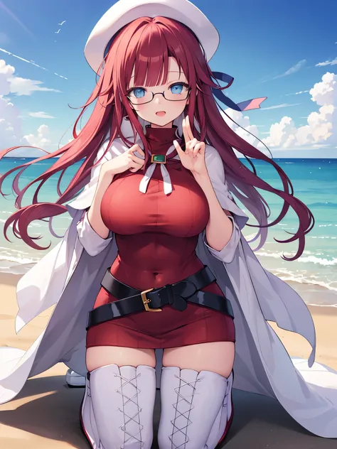 summonnightaty, aty, (young:1.3),long hair, blue eyes, red hair, big_breasts, hat, glasses,
BREAK long hair, thighhighs, dress,  glasses, belt, cape, sweater, zettai ryouiki, beret, thigh boots, white footwear, ribbed sweater, loose belt,solo,
BREAK outdoo...