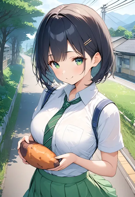 ((Best Quality, 8k, masterpiece: 1.3)),people間の女の子,１people,１peopleで,((Petite,Glamorous Body,Curvy)),cute,A smiling face as she munches on roasted sweet potatoes with relish,((Long black hair)),Beautiful emerald green eyes,(((Holding a large, half-eaten roa...