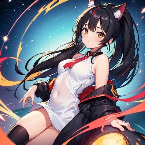 One girl,Firm breasts, Black hair ponytail, Red collar, White shirt, She is naked under her shirt, Love juice, Details reminiscent of the vibrant colors of stars and planets in space., Cat ears