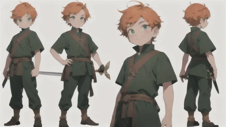 Generate a highly detailed, full-body, backgroundless image of a young boy with a small, child-like build. He has short orange hair and green eyes, and is wearing normal medieval kid clothes: a simple white short-sleeved green shirt and brown medieval pant...