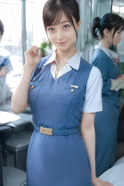 (masterpiece:1.2, Best Quality:1.2), 32K HDR, High resolution, (Alone、1 girl)、(On the roof of a building during the day、Professional Lighting)、Building rooftop background、(Real style wearing Japan air system cabincrew uniform blue)、((Japan Air System cabin...