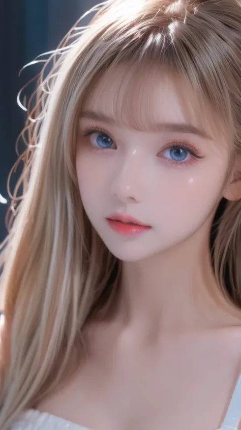 Portrait、Bright appearance、ponytail、Sexy messy bangs、Bangs between the eyes、Bangs that fall on the face、Young shiny very white shiny skin、Gloss Face、Glossy highlight on cheeks、The ultimate beauty、Blonde reflection、Beautiful natural platinum blonde hair wit...