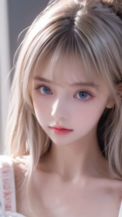 Portrait、Bright appearance、ponytail、Sexy messy bangs、Bangs between the eyes、Bangs that fall on the face、Young shiny very white shiny skin、Gloss Face、Glossy highlight on cheeks、The ultimate beauty、Blonde reflection、Beautiful natural platinum blonde hair wit...