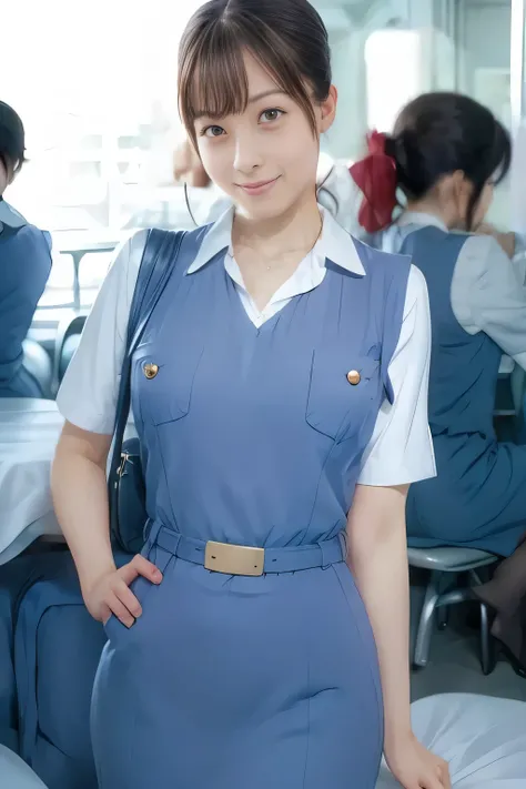 (masterpiece:1.2, Best Quality:1.2), 32K HDR, High resolution, (Alone、1 girl)、(On the roof of a building during the day、Professional Lighting)、Building rooftop background、(Real style wearing Japan air system cabincrew uniform blue)、((Japan Air System cabin...