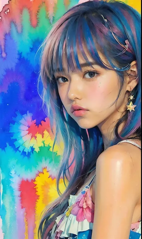 (masterpiece, top quality, best quality,watercolor (medium),official art, beautiful and aesthetic:1.2),(1girl:1.3), (fractal art:1.3),upper body, from side, looking at viewer,patterns,(rainbow color Hair,colorful hair,half blue and half pink hair:1.2),wate...