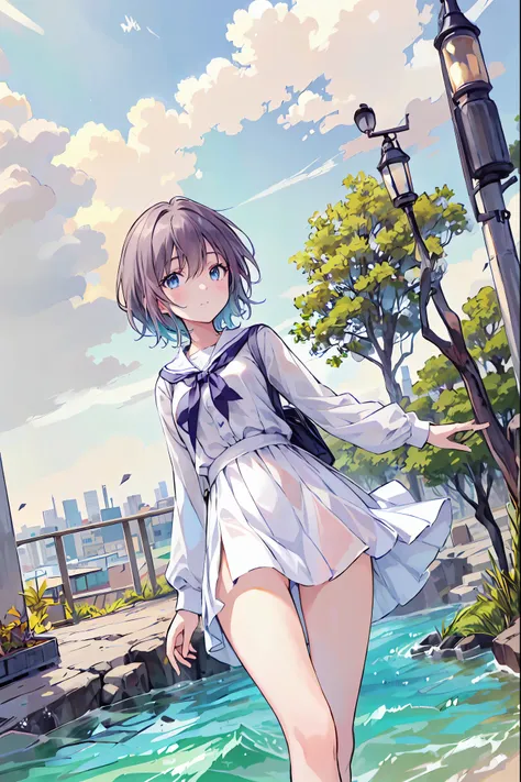 (masterpiece,Latest,exceptional:1.2), anime,One Girl,茶hair，Shortcuts，ボサボサのhair，short編みhair，Neat，Slender beauty，Dignified posture，Small breasts，Beautiful legs，Her mesmerizing grey-blue eyes shine like stars.，Vibrant colors,Beautiful Eyes,A delicate smile,Te...