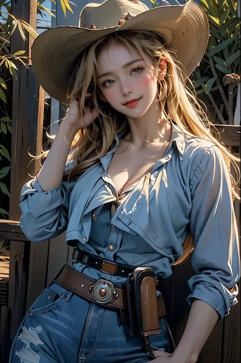 ((masterpiece:1.2)), ((Old western style oil painting)), (((old western town))), ((outdoor:1.5)), (Highest quality, High resolution, Ultra-realistic live-action representation, Fine skin expression, Four fingers and a thumb:1.2,), Cinematic Lighting, shape...