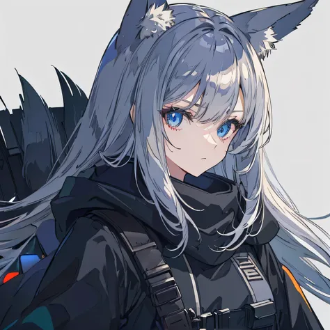 A woman with blue eyes, slit pupils, aloof expression, five gray fox tails, large fox ears, and gray flowing hair, in a black cloak, black flak vest, black armored jacket and black armored pants, ankle boots, ammo bandolier,(best quality,4k,8k,highres,mast...