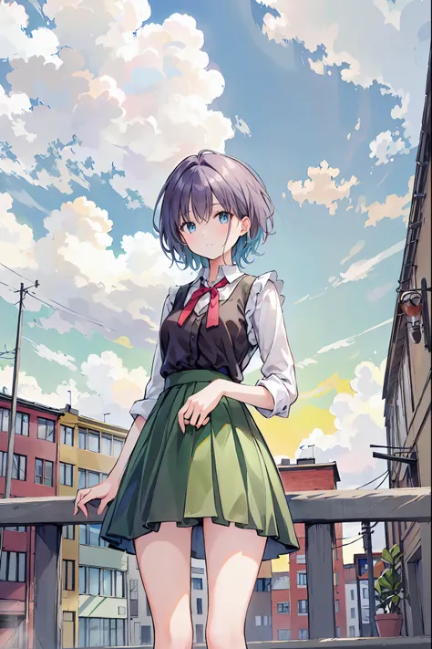 (masterpiece,Latest,exceptional:1.2), anime,One Girl,茶hair，Shortcuts，ボサボサのhair，short編みhair，Neat，Slender beauty，Dignified posture，Small breasts，Beautiful legs，Her mesmerizing grey-blue eyes shine like stars.，Vibrant colors,Beautiful Eyes,A delicate smile,Te...