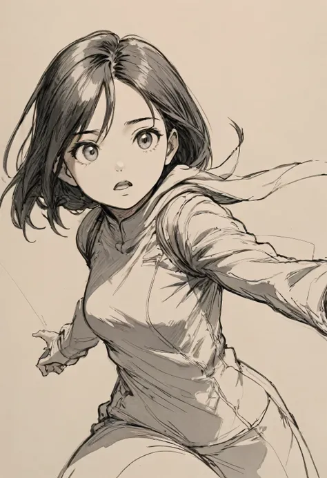 (best quality, high resolution, masterpiece:1.2), Super detailed, actual:1.37, black ink sketch, smooth lines, Expressive facial expressions and gestures, simple background, Emphasis on light, shadow and spatial perception, Abundant negative space, young g...