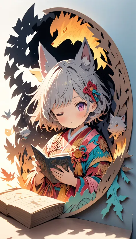 (masterpiece:1.2), (best quality:1.2), ultra-high resolution, very detailed, perfect lighting, wolf girl, gray hair, national co...