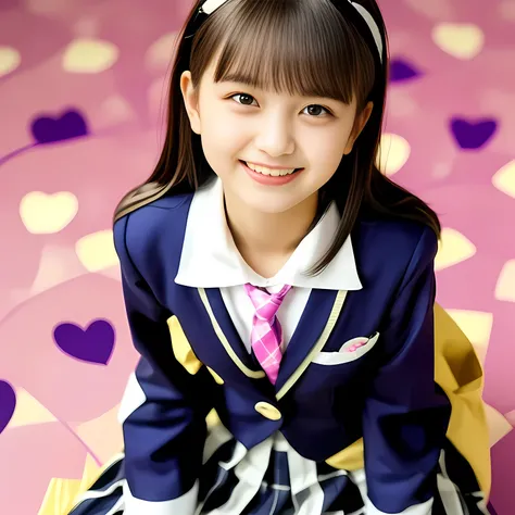 (Highest quality, masterpiece:1.2), Highest quality, High resolution, 1080P, 8k, height: 158cm, (Noble, Japanese 13yo truly-girly-girl is seated on a pink flat floor and smiling directly at me in school uniform, Looking up at me deeply, Hypnotizing me with...