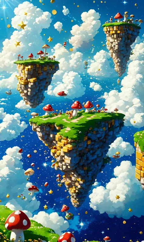 Floating in the deep blue sky、On top of the fluffy cloud。At your feet、The lush Mushroom Kingdom spreads out、In the distance、I can see the ocean sparkling as it reflects the sunlight.。On top of the cloud、Red and yellow blocks are floating、Stars and coins at...