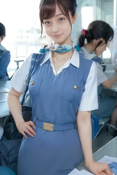 (masterpiece:1.2, Best Quality:1.2), 32K HDR, High resolution, (Alone、1 girl)、(On the roof of a building during the day、Professional Lighting)、Building rooftop background、(Real style wearing Japan air system cabincrew uniform blue)、((Japan Air System cabin...