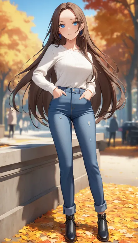 A young woman with dazzling blue eyes and lovely very long brown straight hair with sleder figure:1.1 and medium breast. Her facial is casual and relaxed. She is wearing a (blue jeans:1.5) and edgy outfit. Outdoor setting in daytime in autumn. (Best qualit...