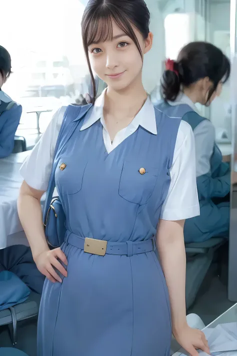 (masterpiece:1.2, Best Quality:1.2), 32K HDR, High resolution, (Alone、1 girl)、(On the roof of a building during the day、Professional Lighting)、Building rooftop background、(Real style wearing Japan air system cabincrew uniform blue)、((Japan Air System cabin...