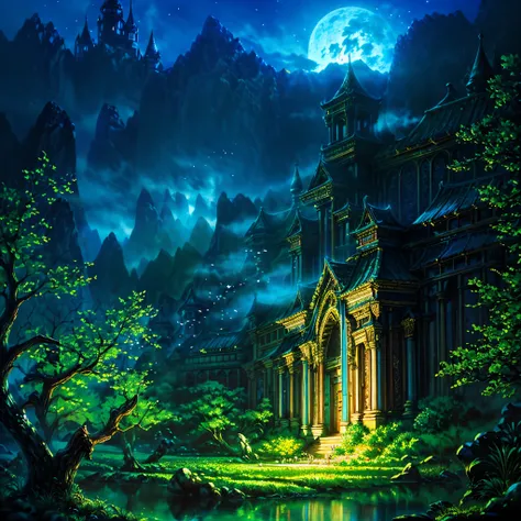Elven city, spiderweb buildings, mushroom architecture, moonlit scenery, blue light, magical ambience, mystical aura, ethereal beauty, enchanted atmosphere, intricate details, delicate craftsmanship, otherworldly charm, elvish elegance, natural materials, ...