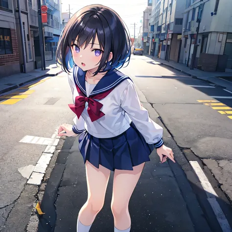 The body is eight times longer than the head, (Highly detailed CG Unity 8k), (Best Quality)，(Very detailed)，(Ultra-high resolution), Black Hair, A high school girl wearing a navy blue sailor suit, Anime 2D Rendering, Realistic young anime school girl, Hall...