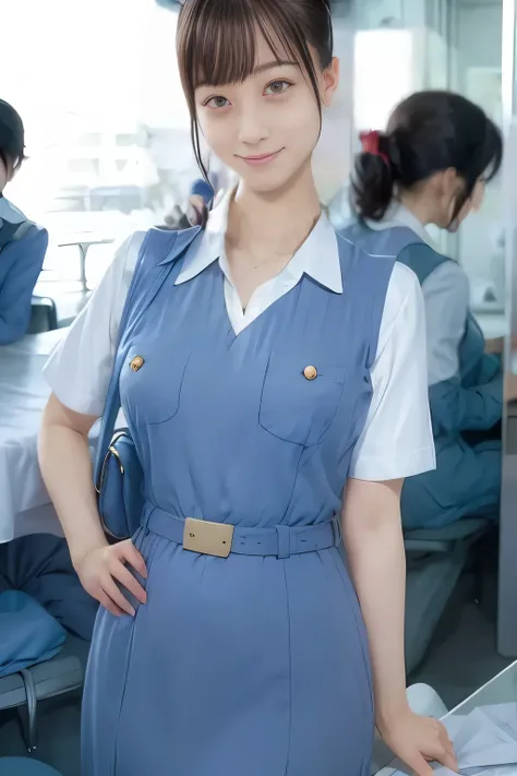 (masterpiece:1.2, Best Quality:1.2), 32K HDR, High resolution, (Alone、1 girl)、(On the roof of a building during the day、Professional Lighting)、Building rooftop background、(Real style wearing Japan air system cabincrew uniform blue)、((Japan Air System cabin...