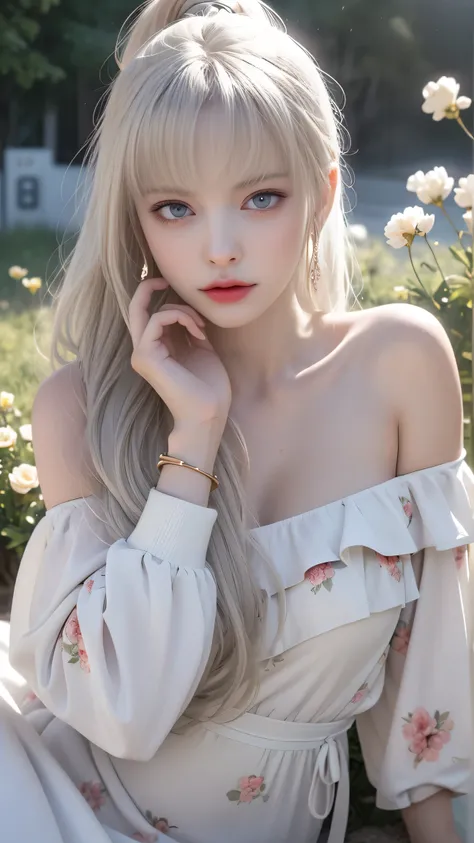 Best Quality、tmasterpiece、High resolution、1girll、Dingdall effect、Real、(Golden white hair)、(ponytail)、(Pearl Earrings)、Edge Light、Two-tone lighting、(highdetailskin:1.2)、8K UHD、pure、Sweet、Floral Background、(Cosmos flower),(Flower Garden),(Pale pastel colors)...