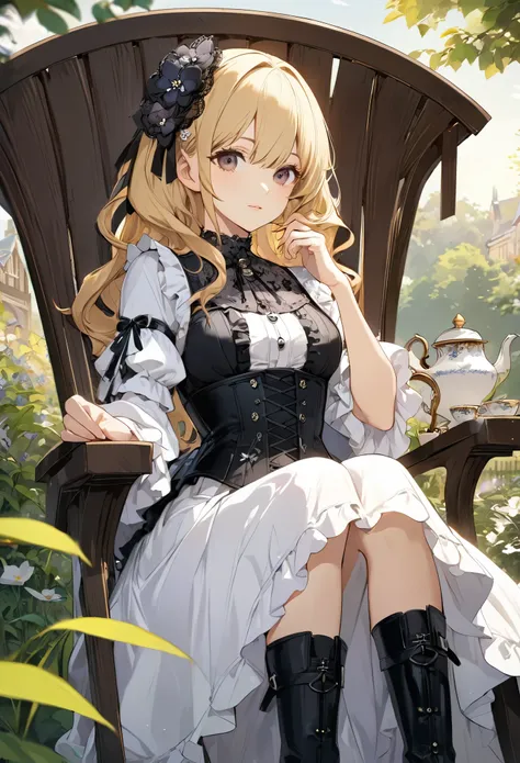 Enchanting view of a young woman drinking tea on the lawn, (((Upper Body))), (((gothic))), ,she was adorned with hair accessories、, Wavy Blonde..。Ruffled mini skirt, sheの表情は自然だ, Calm expression. she wore a dress with ruffled sleeves and a tight corset...、s...