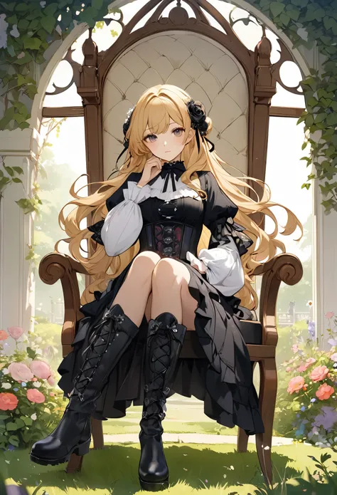 Enchanting view of a young woman drinking tea on the lawn, (((Upper Body))), (((gothic))), ,she was adorned with hair accessories、, Wavy Blonde..。Ruffled mini skirt, sheの表情は自然だ, Calm expression. she wore a dress with ruffled sleeves and a tight corset...、s...