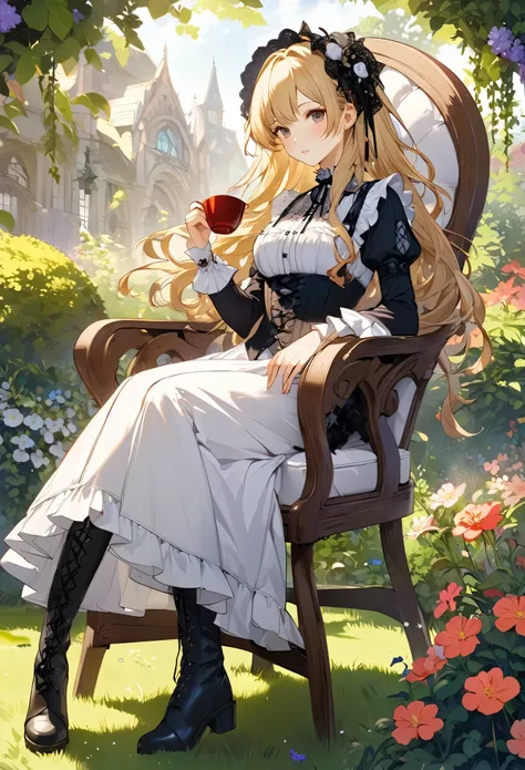 Enchanting view of a young woman drinking tea on the lawn, (((Upper Body))), (((gothic))), ,she was adorned with hair accessories、, Wavy Blonde..。Ruffled mini skirt, sheの表情は自然だ, Calm expression. she wore a dress with ruffled sleeves and a tight corset...、s...