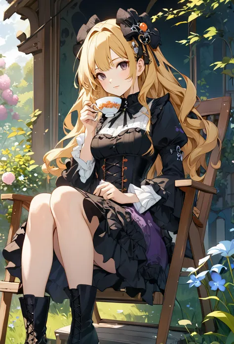 Enchanting view of a young woman drinking tea on the lawn, (((Upper Body))), (((gothic))), ,she was adorned with hair accessories、, Wavy Blonde..。Ruffled mini skirt, sheの表情は自然だ, Calm expression. she wore a dress with ruffled sleeves and a tight corset...、s...