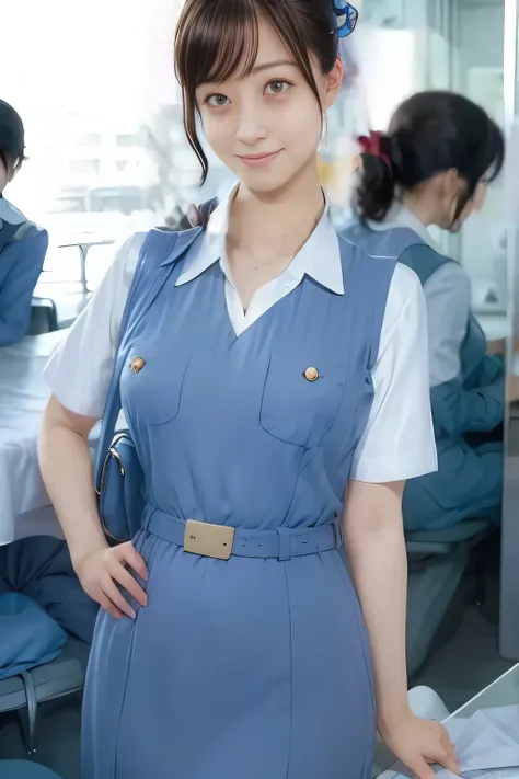 (masterpiece:1.2, Best Quality:1.2), 32K HDR, High resolution, (Alone、1 girl)、(On the roof of a building during the day、Professional Lighting)、Building rooftop background、(Real style wearing Japan air system cabincrew uniform blue)、((Japan Air System cabin...