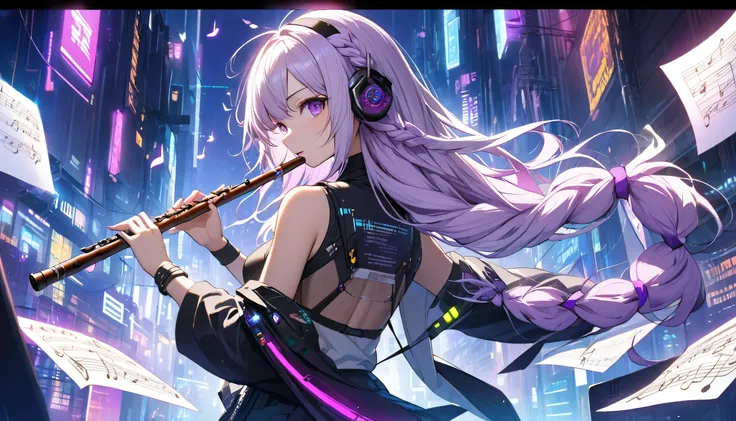 Cyberpunk, White and purple gradient braided long hair flashing lights, A beautiful girl playing the flute, The notes surround her, (Fluttering notes:1.4), (From the back:1.3), Looking at the camera