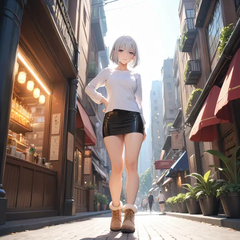 masterpiece, glowing particles, ambient lights, cute, 8K, hdr, high details, perfect lighting, perfect anatomy, full body, BREAK (shiny silver hair:1.2), (bob cut, bang between eyes, beautiful hair), (glossy silver eyes:1.5), (beautiful eyes, twinkle eyes,...