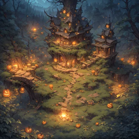 Concept art, quarter view, 45 degree angle. Night time forest, Halloween atmosphere. Wide land, composition showing a lot of land, props and decorations symbolizing Halloween, image viewed from a 45 degree angle with no perspective and no visible sky. Land...