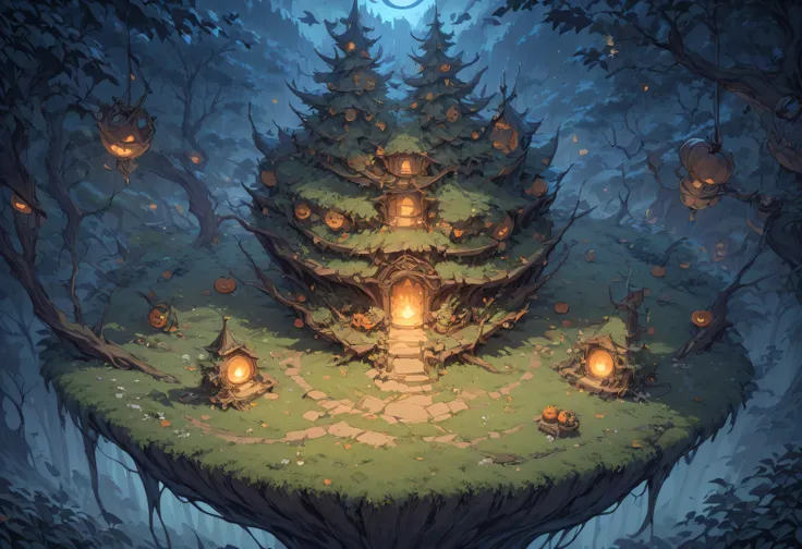 Concept art, quarter view, 45 degree angle. Night time forest, Halloween atmosphere. Wide land, composition showing a lot of land, props and decorations symbolizing Halloween, image viewed from a 45 degree angle with no perspective and no visible sky. Land...