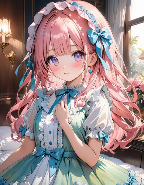 ((ultra quality)), ((ultra detail)), ((top quality)), pastel colored fluffy cute dress, frills and lace and ribbon, (sweety bedroom:1.2), cowboy shot, portrait, hyper detail face, hyper beautiful eyes, ((anatomically correct)), (((correct hand))), soft lig...
